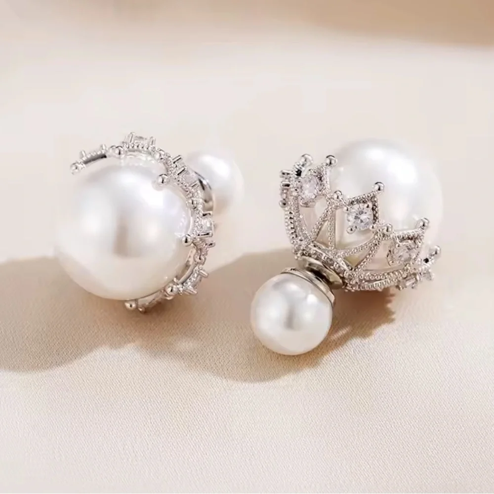 Classic Pearl Crown Crystal Earrings
